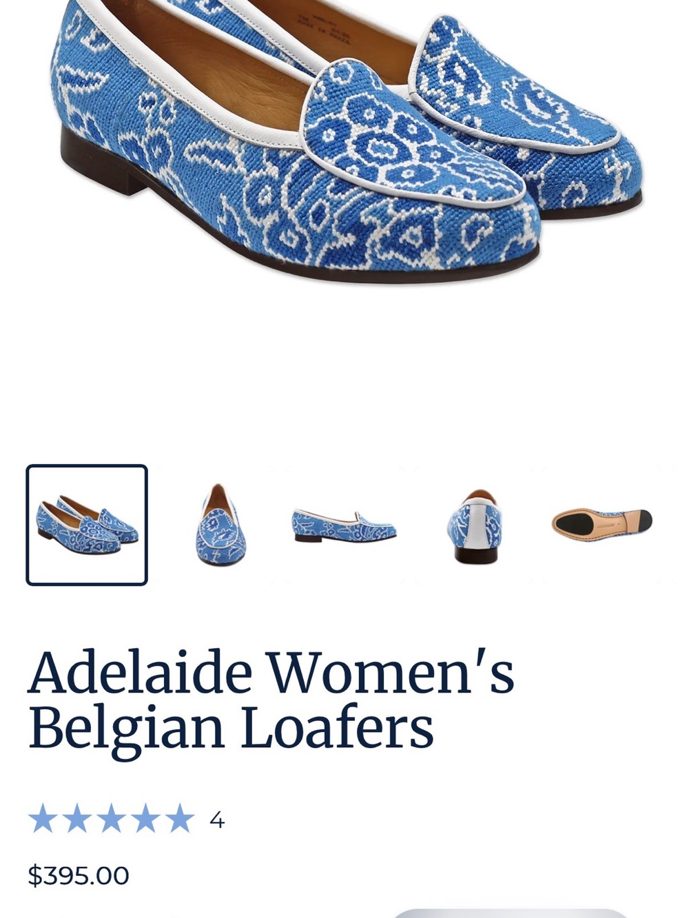 Smathers & Branson Adelaide Belgium Loafers  Blue & White Floral  Needlepoint Fl